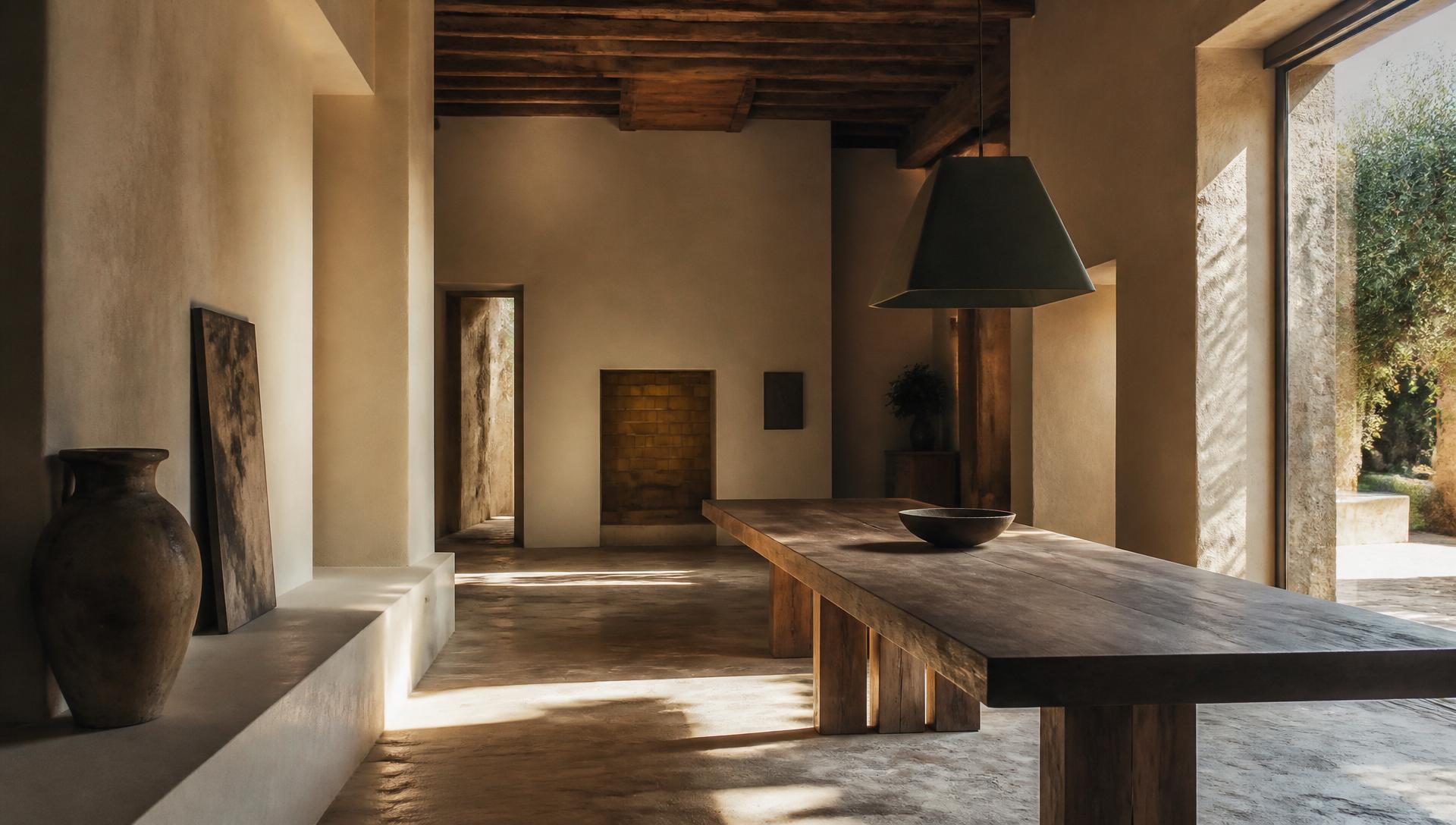 Intérieur andalou contemporain sobre, longue table en bois massif, lumière rasante